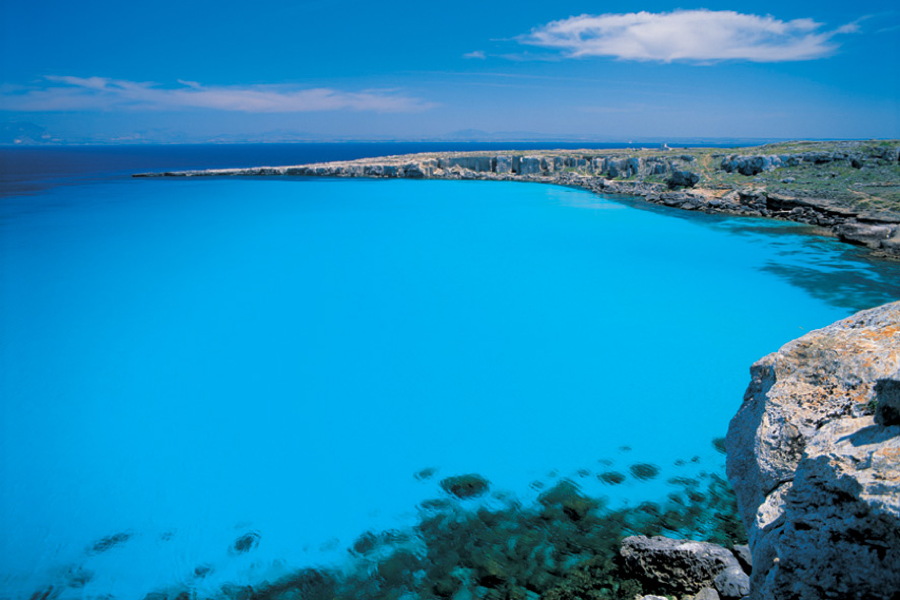 Aerial view of the beautiful Cala Rossa beach on the island of Favignana.