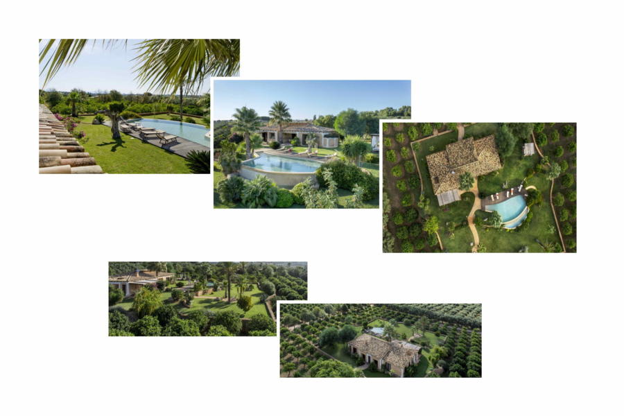 Different viewpoints of the well-kept garden and the swimming pool of Villa Bouganville Castelvetrano Scent of Sicily