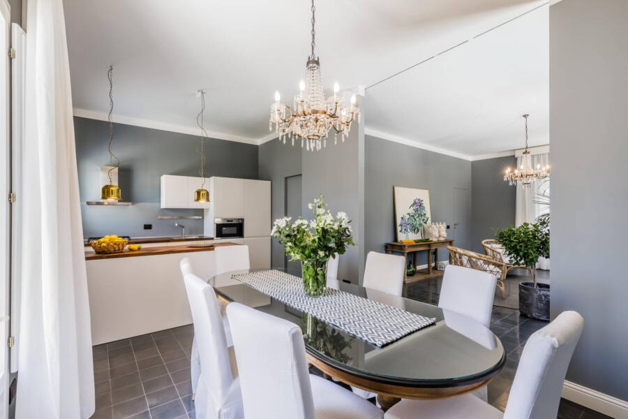 The dining area overlooks the living room