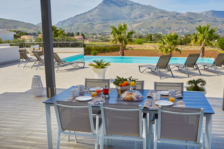 Eating on the poolside patio