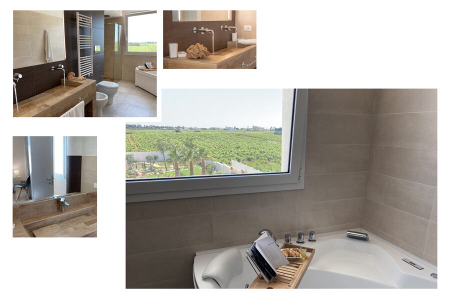 The sophisticated bathrooms in the villa and the one in the suite on the first floor with both shower and hydromassage 