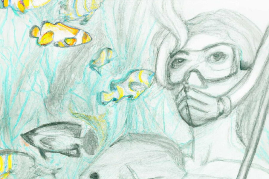 Snorkeling and diving in Sicily, woman wearing a mask surrounded by fish on the seabed.