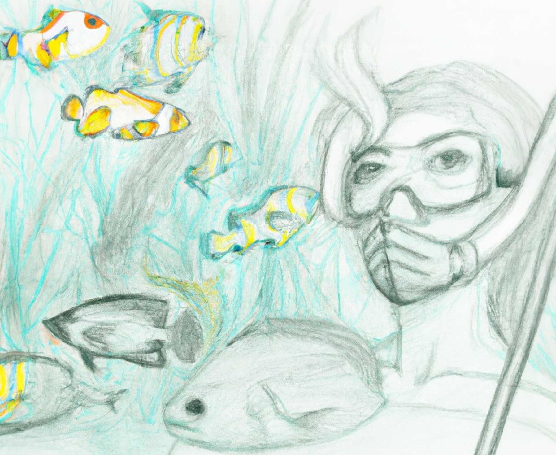 Snorkeling and diving in Sicily, woman wearing a mask surrounded by fish on the seabed.