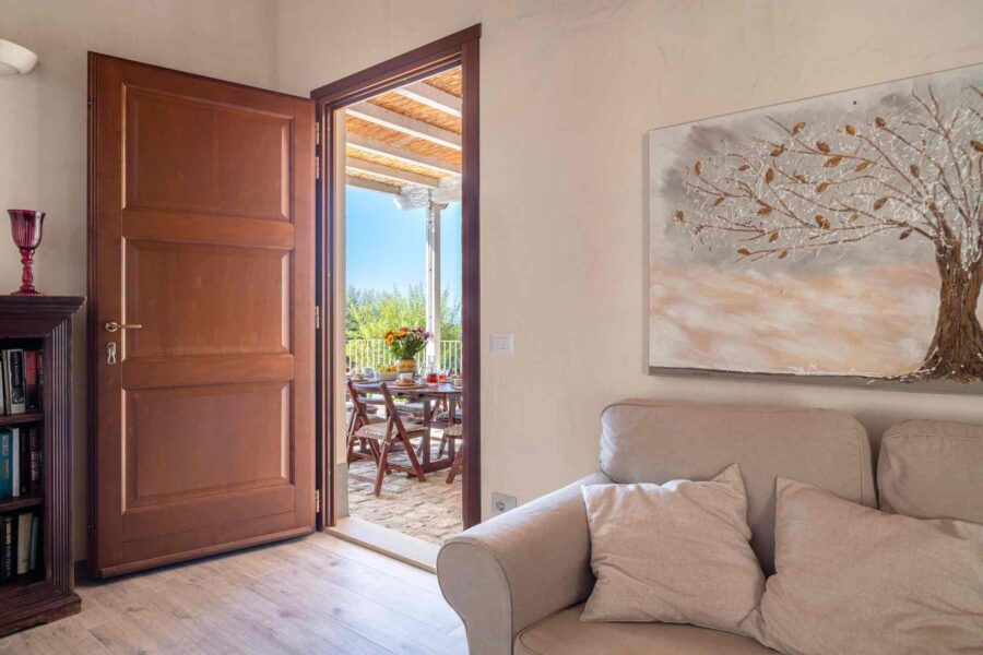 Scenic view of the patio from the TV room in our Sicilian villa with a pool