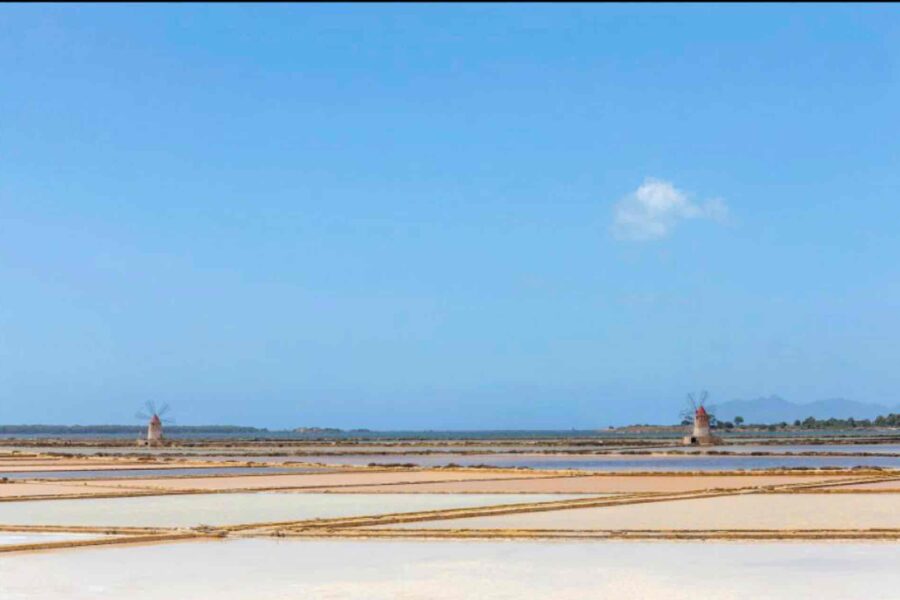 Aerial view of Stagnone di Marsala and its picturesque salt pans, showcasing the unique landscapes of Sicily