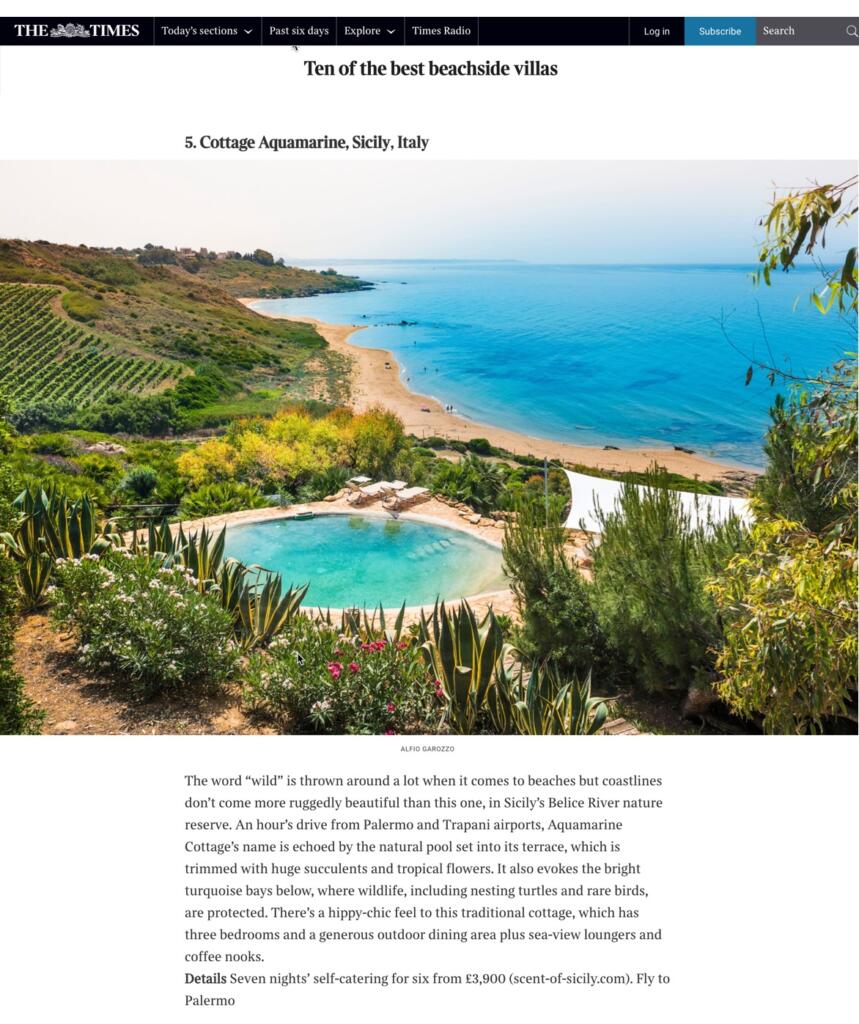 Sicily luxury villa Aquamarine Cottage with natural pool and sea-view loungers overlooking the turquoise Belice River Bay, surrounded by succulents and tropical flora.