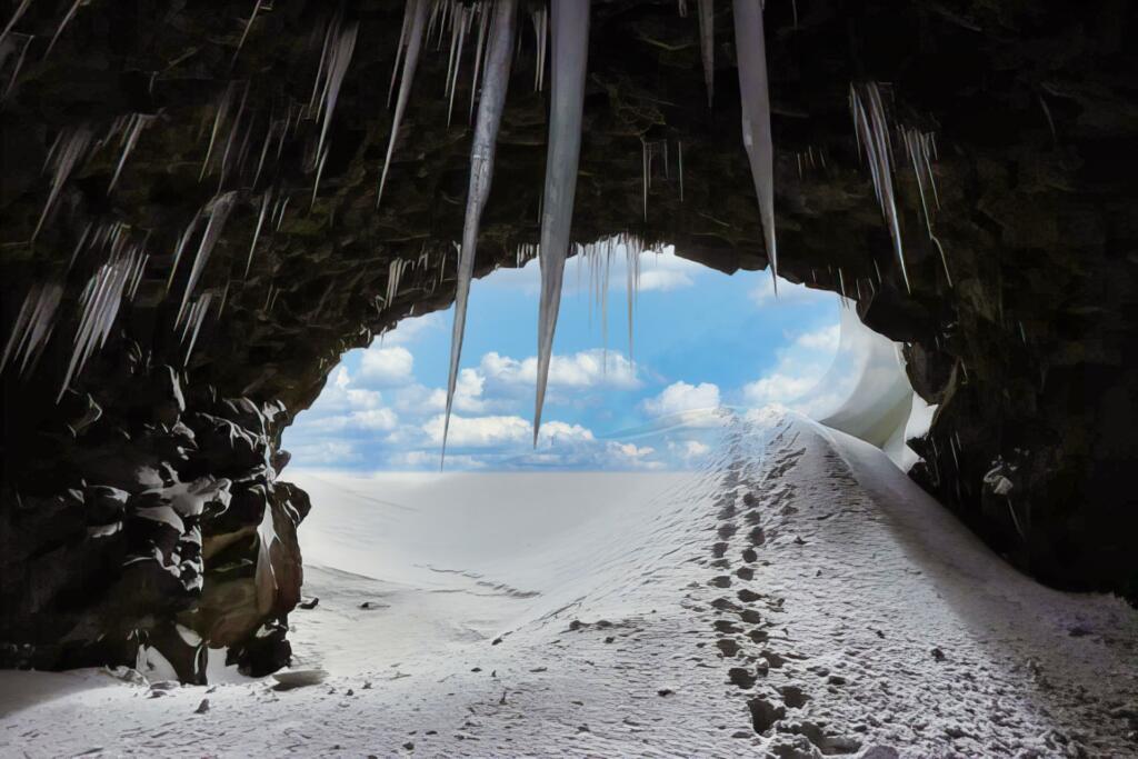 A look into the Grotta del Gelo on Mount Etna, showing the cave's beautiful icicles and snow-covered ground with faint tracks that fade into the distance.