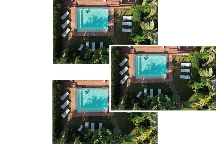 Aerial view of Villa Fontane Bianche private pool and garden, part of Sicily villas with pool collection.
