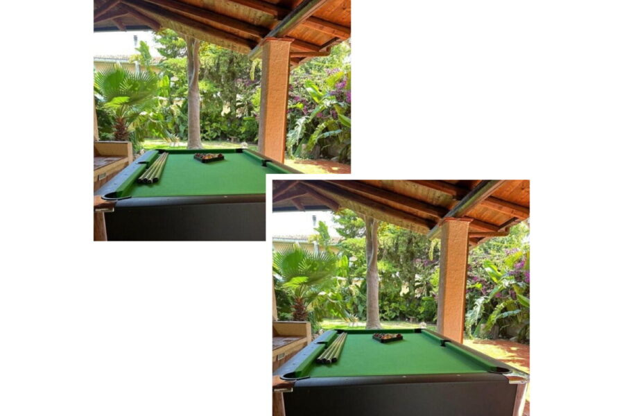 Outdoor covered billiard table surrounded by lush gardens at Villa Fontane Bianche, one of the finest Sicily villas with pool