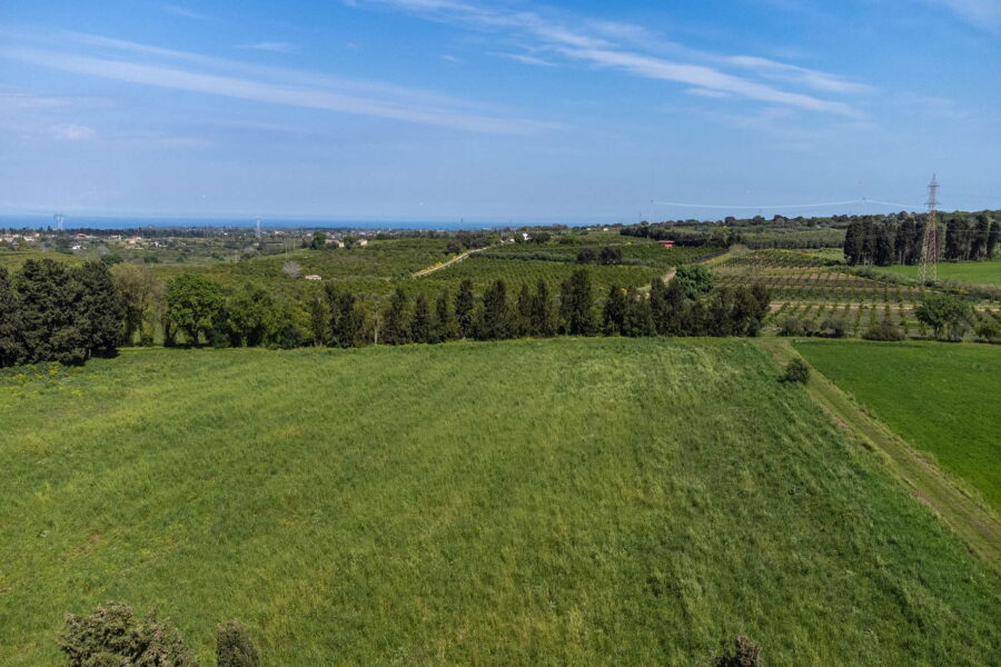 Wide aerial view of green fields, orchards, and the distant sea near Nature Luxe Cottage, a peaceful setting among Sicily villas with pool.