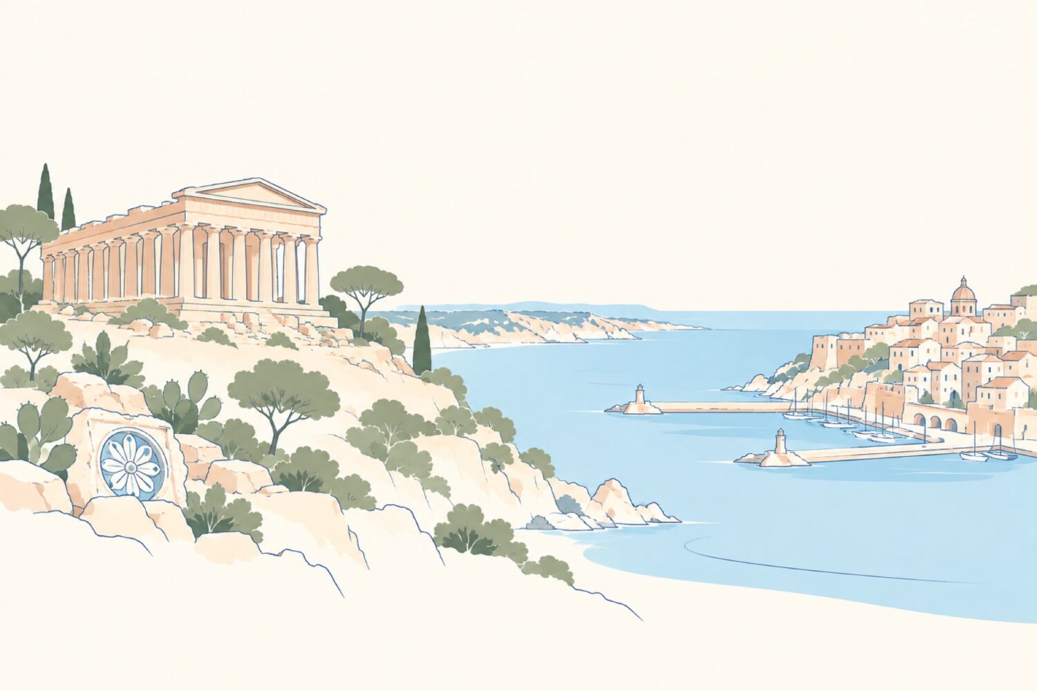 Illustration combining Agrigento's ancient temples, Sciacca's harbour and local ceramics