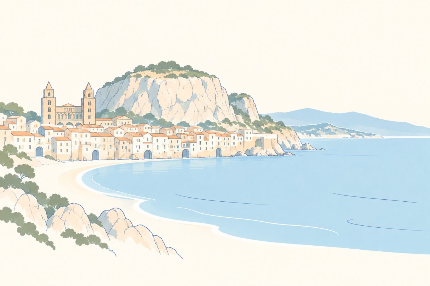 Illustration of Cefalù's cathedral, La Rocca, waterfront and beach