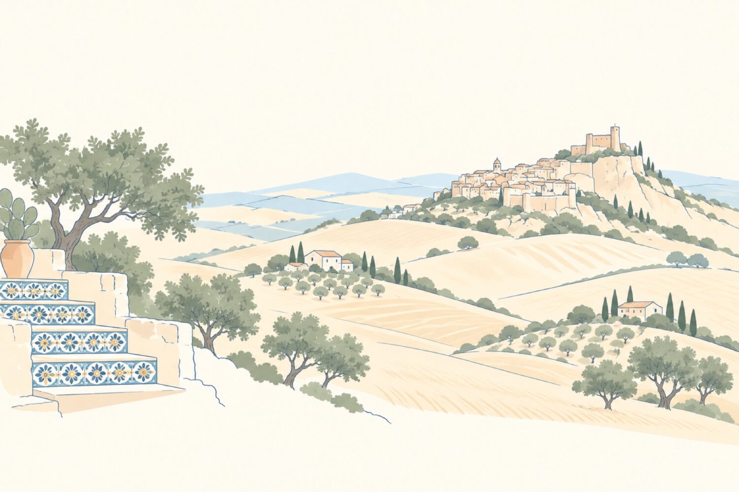 Illustration of inland Sicily's hill towns, rural landscape and decorated ceramic steps