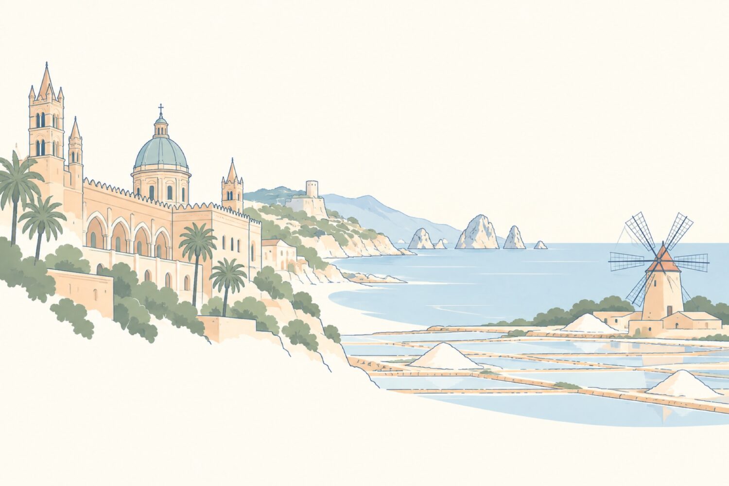 Illustration of Palermo's architecture, western Sicily's coast and salt pans