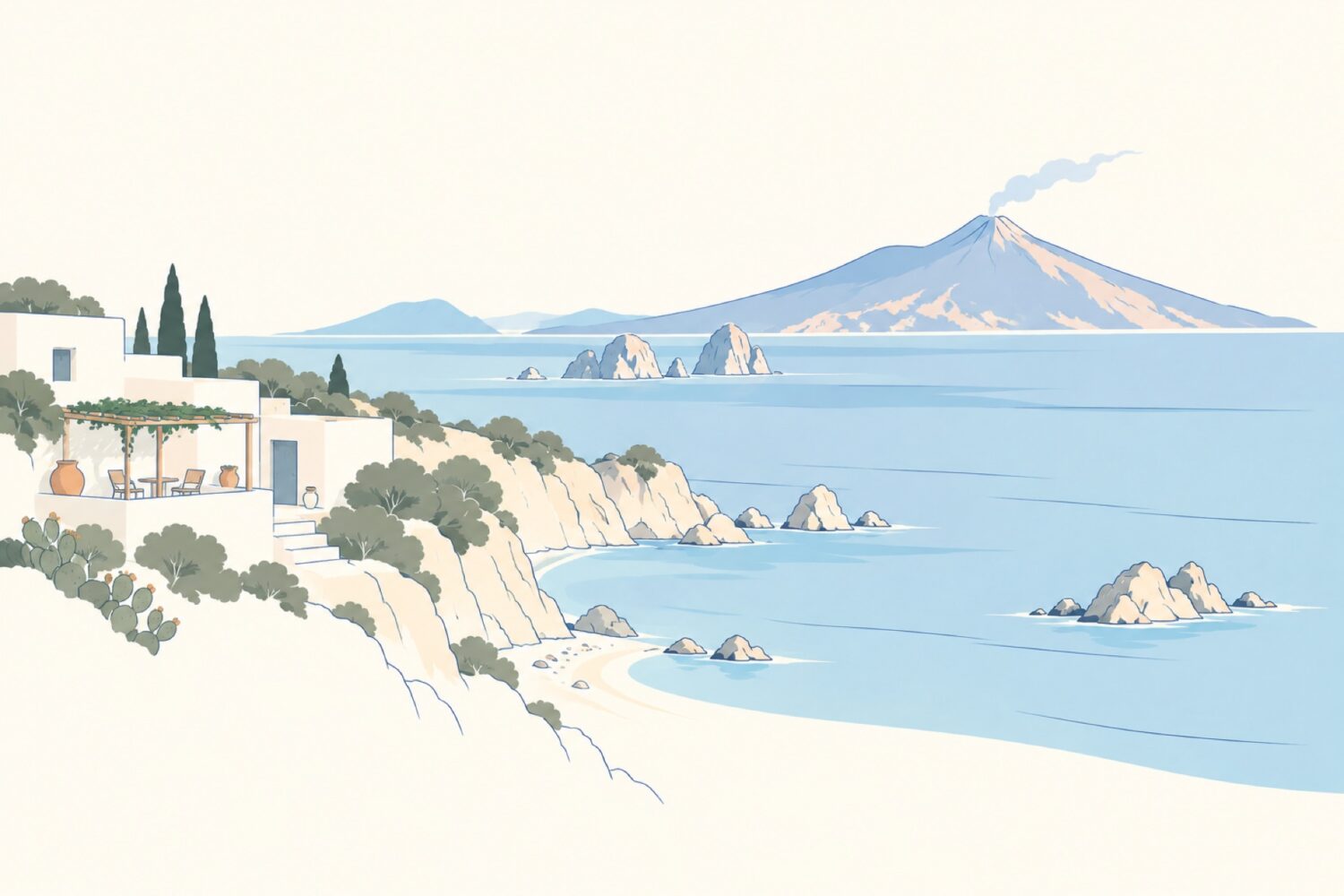 Illustration of Sicily's islands with volcanic scenery, coastal cliffs and a white island house