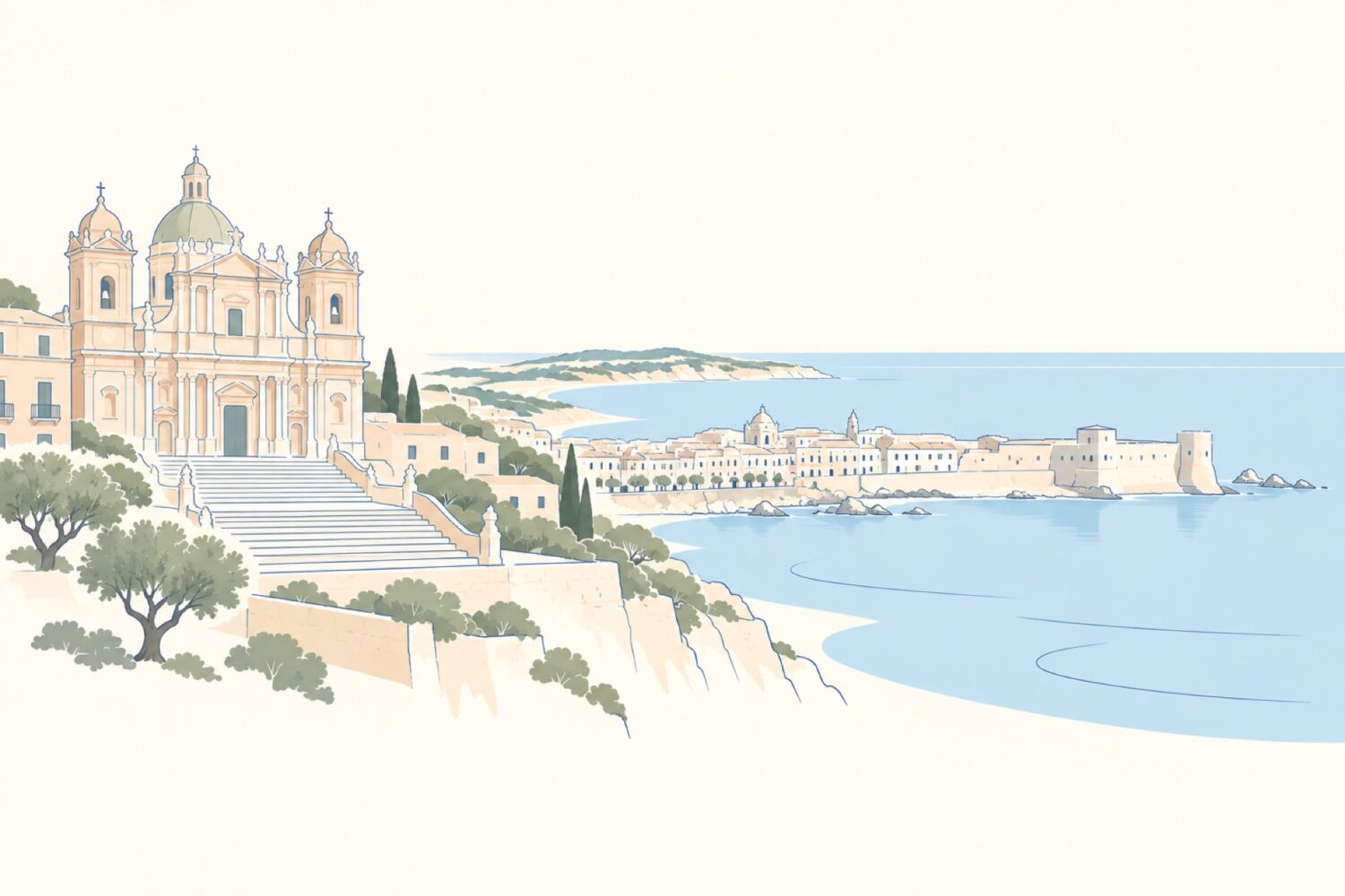 Illustration combining Noto's baroque cathedral with Ortigia's waterfront in Syracuse