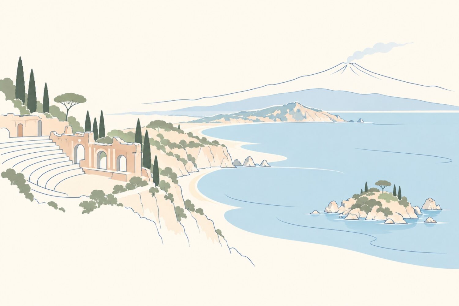 Illustration of Taormina's Ancient Theatre, Isola Bella and Mount Etna